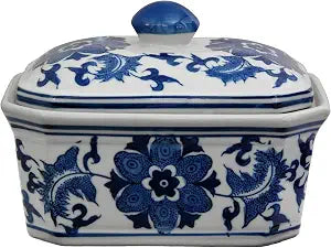 Red Lantern 8" Floral Blue & White Porcelain Covered Jar