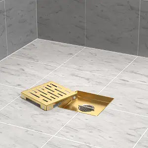 Shower Drain - Stainless Steel Square Shape Shower Floor Drain with Removable Patterned Grate, Hair Strainer, Threaded Adapter (6 Inches, Gold)
