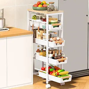 SUNALLY Slim Storage Cart with Wheels, Narrow Kitchen Rolling Cart, White