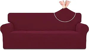 Easy-Going Stretch Jacquard Couch Cover, 1-Piece Soft Sofa Cover, Sofa Slipcover with Anti-Slip Foams, Washable Furniture Protector for Kids, Pets (Sofa, Burgundy)
