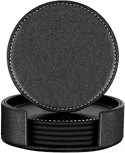 Coasters for Drinks, Thipoten Leather Coasters with Holder, Protect Furniture from Damage(6PCS, Black)