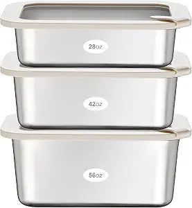 Stainless Steel Food Containers with Glass Lid, Airtight Leakproof Stainless Steel Storage Containers in set of 3, Rectangle Shape, Microwave Safe Food Storage Container Set, 100% Plastic Free