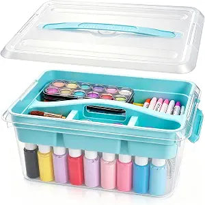 Yesland Stack & Carry Box with Removable Tray, 16 x 11 x 6.5 Inch Plastic Art Supply Storage Organizer Craft Storage Containers with Handle, Portable Organizer Bin for Stationery Sewing Jewelry, Blue