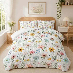 Nttopship Pink Yellow Floral Comforter Bedding Set Twin Size Flower Pattern Bedding Set for Your Room,Rectangle Abstract Soft Lightweight Quilt Set All Season 1 Comforter and 2 Pillowcases