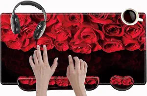 Red Roses Keyboard and Mouse Pad with Wrist Rest Large Mousepad XXL Desk Mat Set 31.5" x 15.75" Desk Pad Support Extended Non-Slip Rubber Base Computer Mat for Women Gift