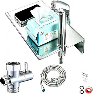 Handheld Bidet Sprayer for Toilet & Muslim Shower Kit with Storage Shelf, Brass T-Valve, Adjustable Pressure, No Drip, Easy Install, Feminine Care, Diaper & Pet Wash, Ceruleanix