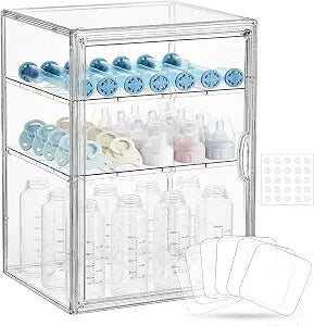 Baby Bottle Storage Wall Mount, 3-Tier Adhesive Acrylic Bottle Organizer for Countertop Holds 12-14 Bottles, Adjustable Divider Breast Pump Parts Station with Magnetic Door, Gift for New Mom