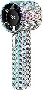 Luxury Diamond Handheld Fan High-Speed Portable USB-C Rechargeable Mini Fan with Digital Display & Speed Adjustable Personal Fan for Indoor Outdoor Travel (Rainbow Diamond)