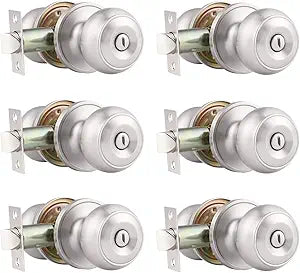 Probrico 6 Pack Round Privacy Door Knob(Thumb Turn Lock on The Inside), Keyless Doorknobs Interior/Exterior Lockset,Privacy Knobs for Bedroom/Bathroom,Satin Nickel Modern Design Door Hardware