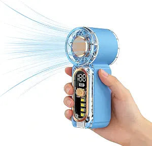 Mini Handheld Cooling Fan, USB-C Rechargeable LED Light, Blue Portable Travel Fan | Lightweight compact build with Emergency LED light, USB-C charging, personal cooling for outdoor travel Make up