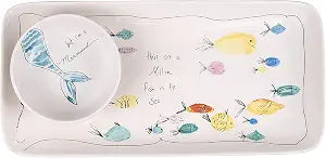 Creative Co-Op Coastal Stoneware Serving Platter and Dip Dish with Mermaid and Sea Life Illustrations, Multicolor