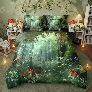 Erosebridal 7 Piece Comforter Set Queen Size,Magical Bed in a Bag with Flat Sheet and Fitted Sheet for Kids Teens Adult,Mushroom Jungle Leaves Branches Bedding Set with Pillowcase & Sham Reversible