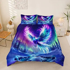 Castle Fairy Phoenix Bedding Set Winter Woodland Landscape Aurora Bedding Duvet Cover Kids Teens Magical Fantasy Animal Comforter Cover Blue Purple Bedroom Quilt Covers 3Pcs Queen,No Comforter