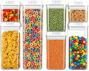 7-Piece Airtight Food Storage Containers with Lids, Clear Stackable Pantry Organization Set for Flour, Sugar, Cereal, Snacks and Kitchen Storage