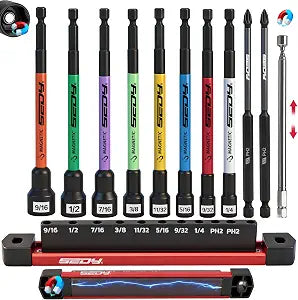 11PCS Magnetic Extra Long Nut Driver Set, SAE 9/16"-1/4", 6" Impact Nut Driver with PH2 Bits, 1.5lb Telescoping Magnetic Pickup Tool & Storage Rail, 1/4" Hex Shank, S2 Steel for Automotive Home Repair