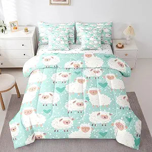 Manfei 7 Pieces Sheep Comforter Set Twin Size, Cartoon White Sheep Alpaca Print Bedding Set, Animal Theme Bed in A Bag with Comforter, Sheets and Pillowcases, Kids Boys Girls Room Decor