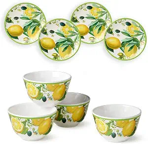 Limone 8-Piece Melamine Canap Plate & Dip Bowl Set Mediterranean Lemon & Olive Design, Perfect for Appetizers, Snacks, Dips & Desserts Shatterproof, Chip-Resistant, Indoor/Outdoor Dining