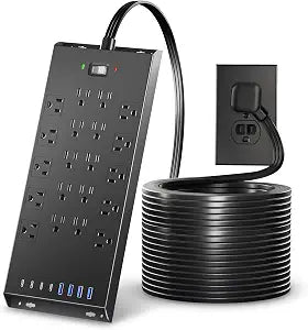 Olcorife 10Ft Surge Protector Power Strip 4800J, Flat Plug Extension Cord with 20 Outlets 4 USB-A 4 USB-C Ports, Home Office Dorm Essentials, Black
