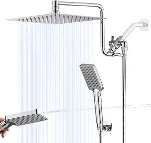 10" High Pressure Rainfall Shower Head with Handheld Combo, Upgrade 12" Extension Arm Height Adjustable, Powerful Stainless Steel Shower Head, Brass Shower Holder Extra Long Shower Hose, Chrome