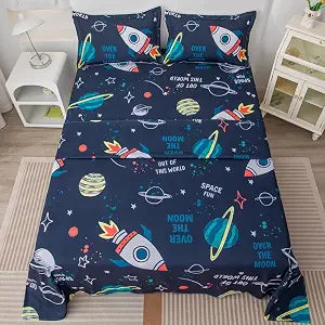 Space Sheets Twin Size for Boys - 4 Piece 3D Rocket Planets Bedding Set With 1 Fitted Sheet, 1 Flat Sheet, 2 Pillowcases - Outer Space Theme for Kids and Teens