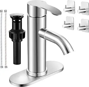 Herogo Bathroom Sink Faucet with Rotating Spout, Brushed Nickel Single Handle Bathroom Faucet with Pop-up Drain, Deck Plate & Hooks, 18/10 Stainless Steel, for 1 or 3 Hole Vanity RV Farmhouse Sink