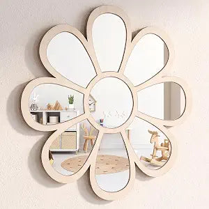 SiliFine 12 Inch Boho Daisy Wall Mirror Flower Decorative Sunburst Mirror with Wooden Frame Hanging Wall Decor for Bedroom Bathroom Living Room Entryway Room Decor Farmhouse Bohemian Home