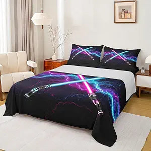 Blue Orange Light Up Sword Bed Sheet King Size,Neon Glowing Lightning Bedding Set Fashion Games Theme Fitted Sheets for Kids Boys Girls Teens Room Decor,Cool Black Top Flat Sheet,2 Pillowcases