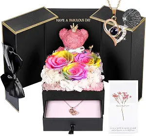 ADDWel Rainbow Preserved Rose Gift Box with 14K Gold Plated Projection Necklace, Teddy Bear Eternal Flower Jewelry Set for Birthday for Wife Mom Girlfriend Sister