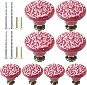 8pcs Rose Red Ceramic Knobs, Vintage Kitchen Cabinet Knobs
