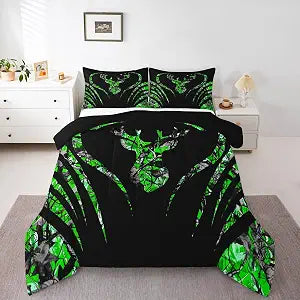 Feelyou Kids Green Camo Deer Comforter Set Twin Size, Hunting Bedding Set Boys Girls Camouflage Duvet Insert Simulated Leaf Teens Bedroom Decor Bed Set 2Pcs