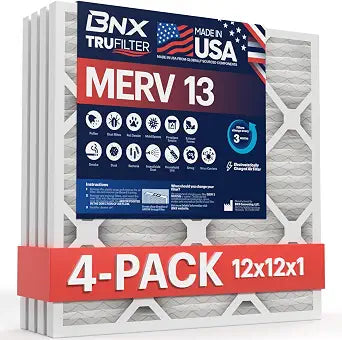 BNX TruFilter 12x12x1 Air Filter MERV 13 (4-Pack) - MADE IN USA - Electrostatic Pleated Air Conditioner HVAC AC Furnace Filters for Allergies, Pollen, Mold, Bacteria, Smoke, Allergen, MPR 1900 FPR 10