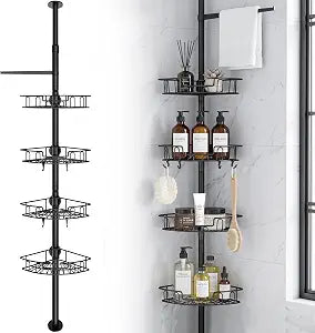 Corner Shower Caddy Tension Pole, Triple Stability 4-Tier Bathroom Rack