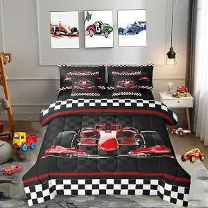 Castle Fairy 3D Red Formula Car Twin Size Bed Sets 7 Pieces,Extreme Sports Comforter Set,Red Stripes Geometric Grid Plaid Bedding Set with 1 Comforter,2 Sheets,2 Pillowcases & 2 Throw Pillow Covers