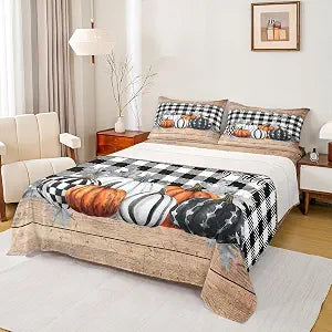 Fall Pumpkins Bed Sheets Full Rustic Farmhouse Thanksgiving Theme Beddig Set Black White Buffalo Plaid Fitted Sheet Happy Autumn Fall Sheet Set Wooden Board Flat Sheet 2 Pillow Cases Home Room Decor