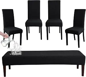 FORCHEER Dining Chair Covers and Bench Covers Set Waterproof Black Jacquard 4 Dining Room Chair and Bench Slipcover Washable