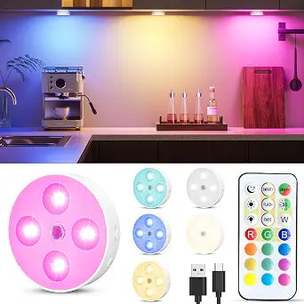 HOMEBEST RGB Puck Lights with Remote & Motion Sensor 1500mAh Rechargeable Under Cabinet Lighting for Kitchen, Closet & Stairs 13 Colors, Magnetic Stick-On Lights, 6 Pack