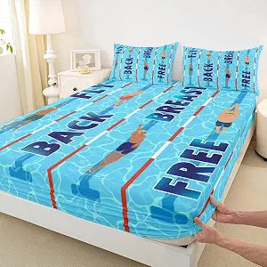 Swimming Fitted Sheet Twin Size,3D Blue Swimming Pool Bedding Sets 2Pcs,Swimmer Bed Sheets for Kids Girls Boys Teens Room Decor,Swim Sports Lover Deep Pocket Sheet,1 Pillowcase