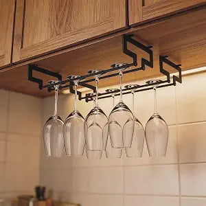 OYEFLY 2 Pack Under Cabinet Wine Glass Rack Metal Stemware Holder with Two Way Access Slide Rail Hanging Wine Glass Storage Organizer for Kitchen Bar Cabinet Fits 6 to 8 Glasses Black