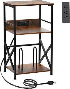 DALEMHOME Record Player Stand with Charging Station, 3-Tier Side Table for 100 Vinyl Storage, End Table for Living Room, Bedroom, Rustic Brown HKET1001BR