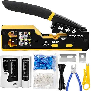 RJ45 Crimp Tool Pass Through Ethernet Crimping Tool Kit Cat6 Cat5e Cat6a RJ45 Crimper with Cable Tester, Cat6 Connectors with RJ45 Boot Covers, Mini Stripper, Blades and Cable Ties