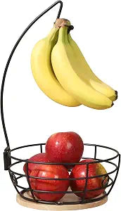 Gibson Home Harvest Season Fruit Basket Bowl with Banana Hanger Black Metal Wire & Rubberwood Base Countertop Produce Stand for Apples, Bananas, Oranges Kitchen Storage Organizer