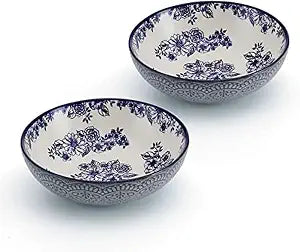Pfaltzgraff Gabriela Blue Pasta Bowls Set of 2, 8 Inch Stoneware Soup Bowls with Floral Pattern, 32 oz Wide Bowls for Pasta, Salad, Ramen, Cereal, White and Blue