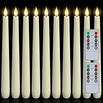 Homemory 12 Pcs Waxy Flameless Taper Candles with Remote, Led Flameless Candlesticks Classic Tall Candle, Flickering Battery Operated Taper Candles for Bedroom, Dining Room, Ivory, 9.6 inches