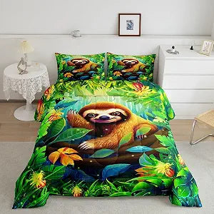 Manfei Cartoon Sloth Kids Comforter Set Twin Size,Palm Leaves Tropical Plants Bedding Set,Boys Girls Adults Room Decor,American Wild Animals Botanical Down Comforter,Rustic Duvet Insert,1 Pillowcase