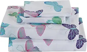 Linen Plus Sheet Set for Girls/Teens/Adults Butterflies Purple White Green Turquoise Pink Butterfly Flat Sheet Fitted Sheet and Pillow Cases Full Size New