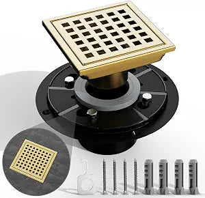4 Inch Square Shower Drain with Flanged Base, Brushed Gold SUS 304 Stainless Steel, Shower Floor Drain for Modern Bathroom