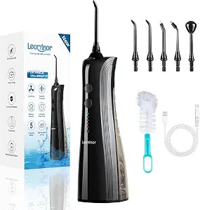 Leominor Water Dental Flosser - 5 Modes Cordless Portable Oral Irrigator, IPX7 Waterproof, Rechargeable Teeth Cleaner Upgrade Datchable Tank Professional Flossing Cleaning Pick for Home Travel (Black)