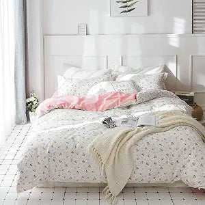 Nanko Pink Floral Comforter Set Full Size, 3pc White Farmhouse Flowers Leaves Botanical Pattern Microfiber Comforter Set, All Season Soft & Lightweight Reversible Comforter for Women Girl 80"x90"