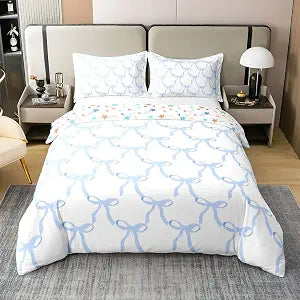 Feelyou Blue Bow Print Comforter Cover Set Cute Bowknot 100% Cotton