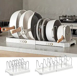 Expandable Pot and Pan Organizer Rack for Kitchen Cabinet or Under Sink, Adjustable Lid Holder with 7 Dividers, Space-Saving Storage for Renters, Small Homes, and Busy Cooks, White